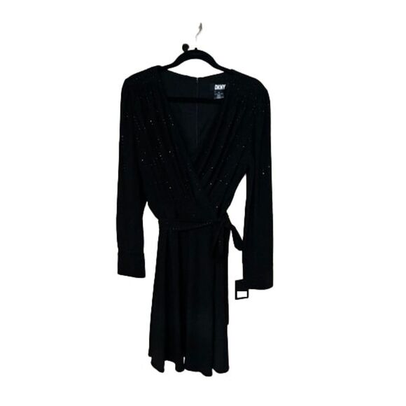 DKNY Plus Size Sparkle Long Sleeve V-Neck Wrap Dress, Black, Size 14 - Picture 1 of 6